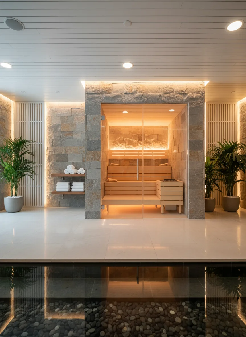 Firefly Gemini Flash Luxury Spa With Sauna Area Glass Partition Natural Stone Walls White Wood Tone Wa 189713
