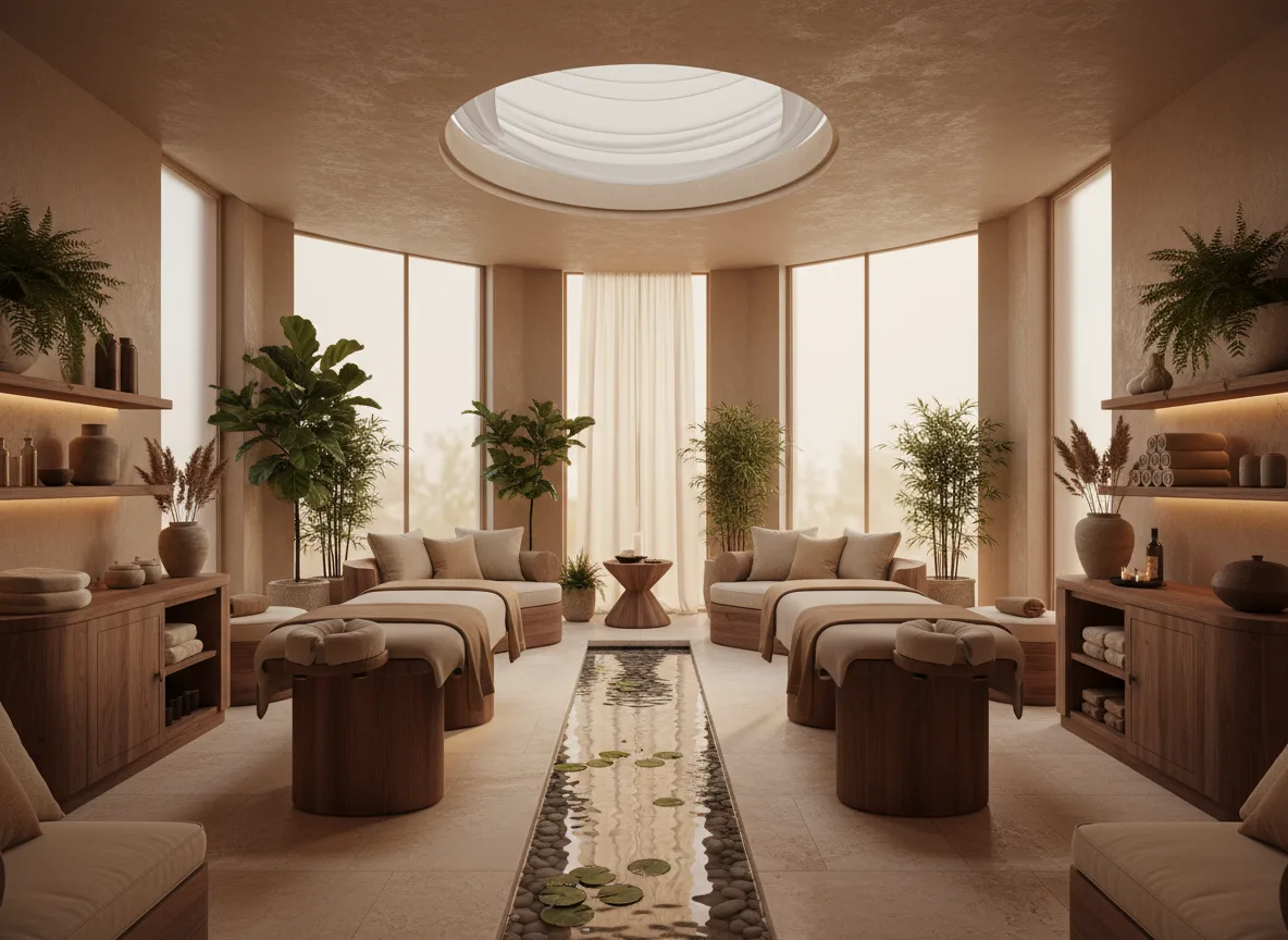 Firefly Gemini Flash Luxury Villa Spa With Walnut Furniture Beige Brown Tones Indoor Greenery And Diffu 349580