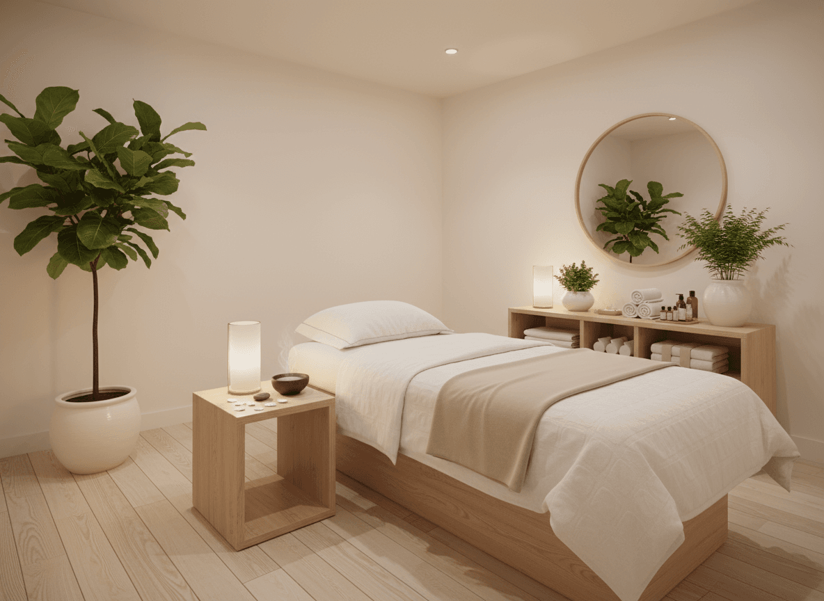 Firefly Gemini Flash Mini Spa Room In White Beige Tones Wooden Furniture Treatment Bed Soft Lighting A 286159