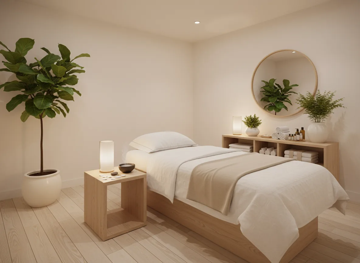 Firefly Gemini Flash Mini Spa Room In White Beige Tones Wooden Furniture Treatment Bed Soft Lighting A 286159