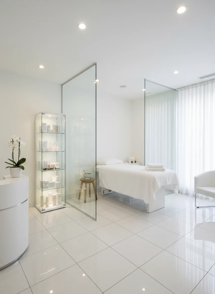 Firefly Gemini Flash Mini Spa With One Treatment Room Glass Cosmetic Display Cabinet Single Massage Bed 189713