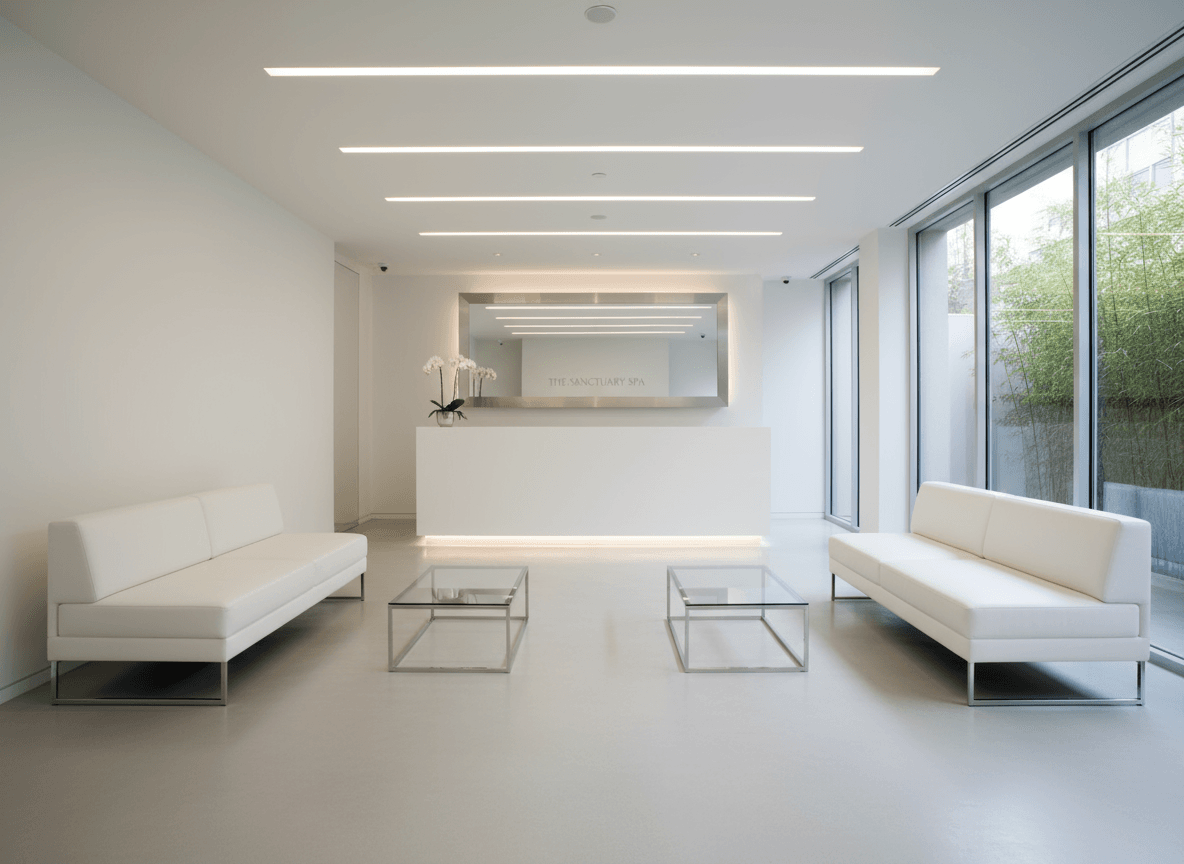 Firefly Gemini Flash Minimalist Modern Spa Reception Area With White Sofas Glass Tables Recessed Led Cei 195706 Firefly Gemini Flash Minimalist Modern Spa Reception Area With White Sofas Glass Tables Recessed Led Cei 195706