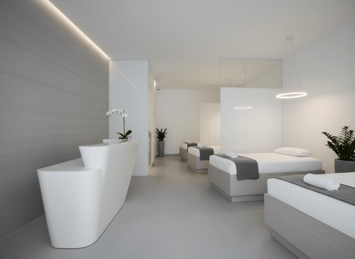 Firefly Gemini Flash Minimalist Spa In White And Gray Tones Modern Design With Reception Area And Neat Tr 349580