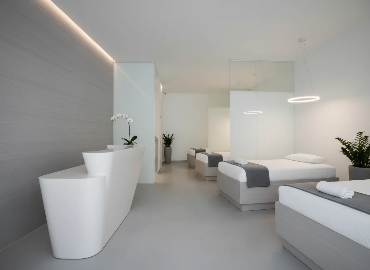 Firefly Gemini Flash Minimalist Spa In White And Gray Tones Modern Design With Reception Area And Neat Tr 349580