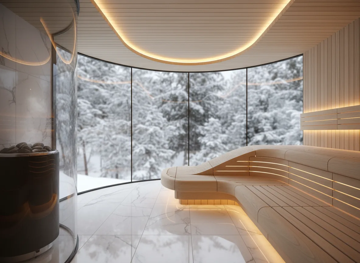 Firefly Gemini Flash Modern Curved Glass Sauna Design With Soft Led Illumination Wooden Seating And Marb 195706