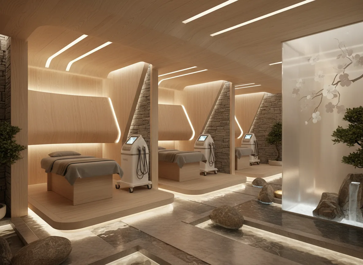 Firefly Gemini Flash Modern Japanese Spa With Hidden Led Lighting Hifu Machines Light Wood Beds Wood An 286159