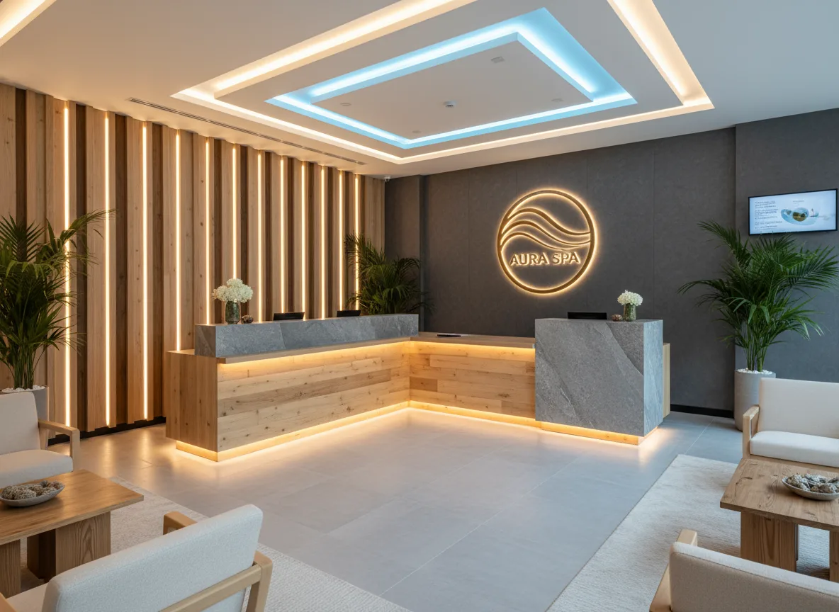 Firefly Gemini Flash Modern L Shaped Spa Reception Design Wood And Stone Mix Led Lighting Raised Spa Lo 286159