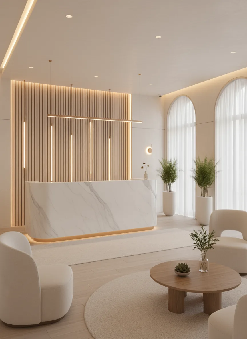Firefly Gemini Flash Modern Luxury Spa Interior Design White Cream Tones With Natural Wood Soft Warm Lig 189713