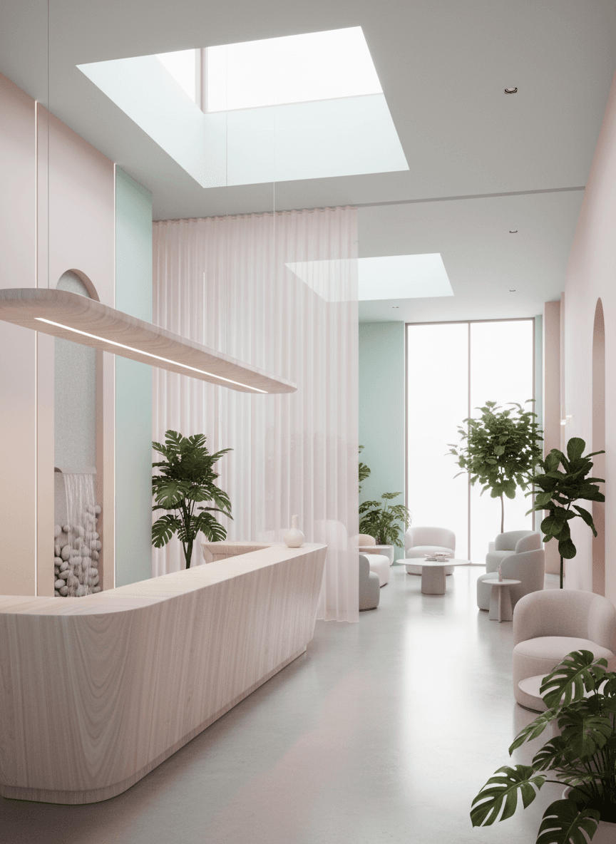 Firefly Gemini Flash Modern Luxury Spa With Pastel Tones Melamine Wood Reception Desk White Natural Ligh 189713