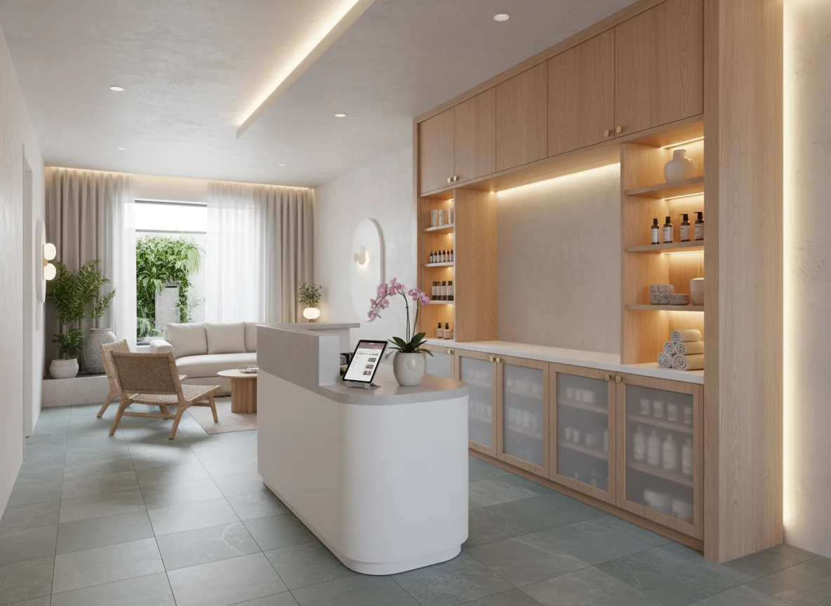 Firefly Gemini Flash Modern Mini Spa Space In A Townhouse Featuring A Small Reception Counter And Light W 286159