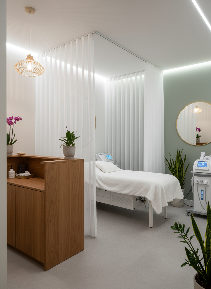 Firefly Gemini Flash Modern Mini Spa With Wooden Reception Counter Treatment Bed Sheer White Curtains C 349580