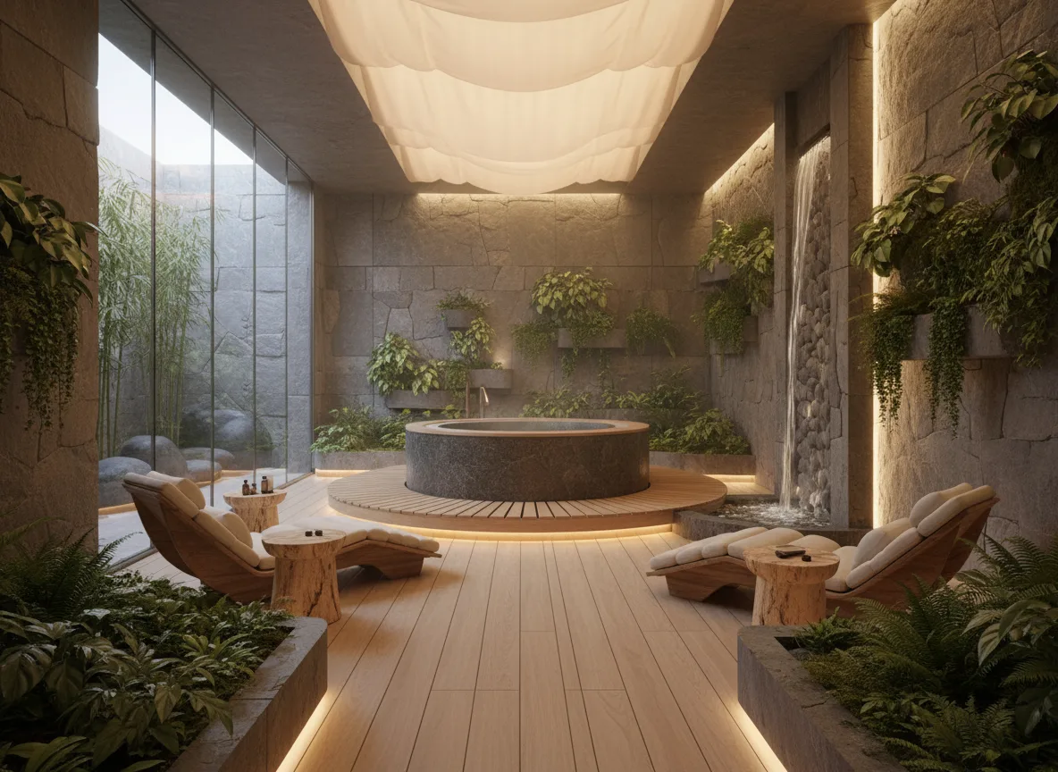 Firefly Gemini Flash Modern Spa Design With Natural Elements Greenery Wood And Stone Textures Soft Amb 816936