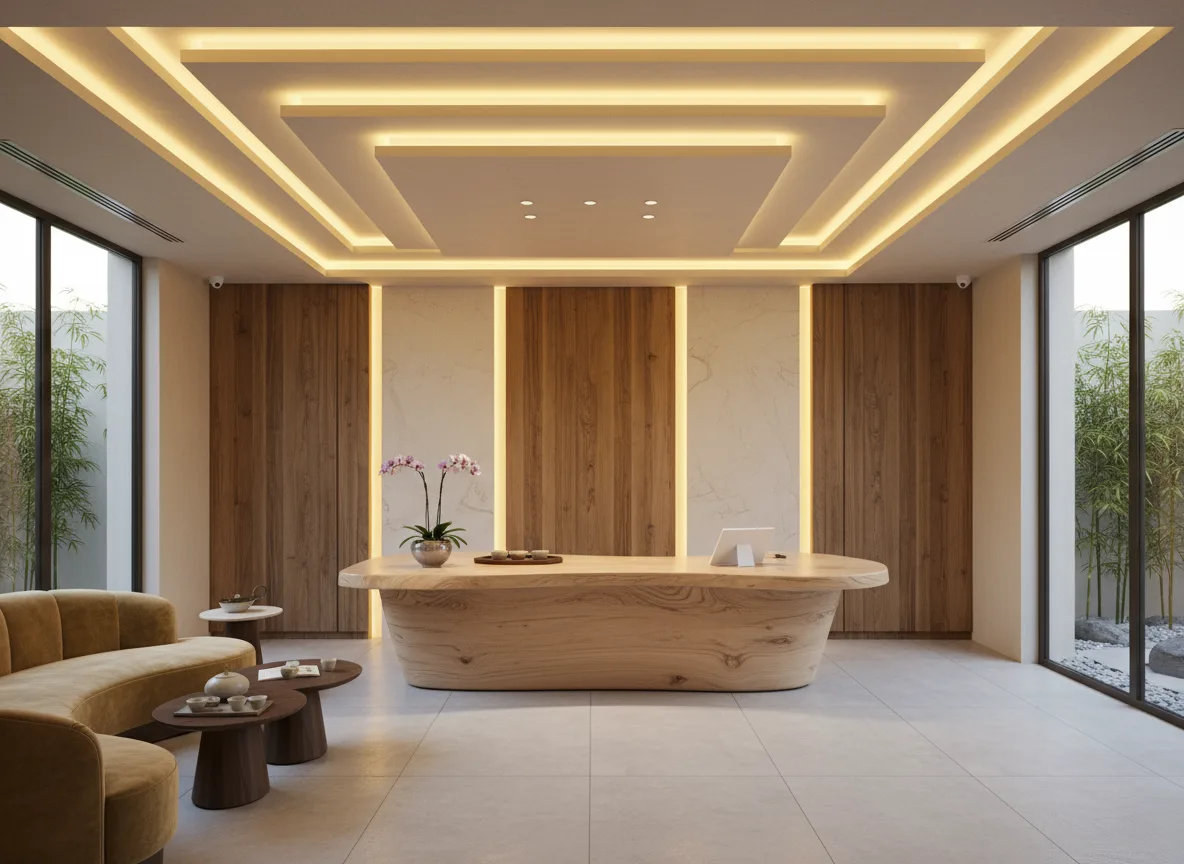 Firefly Gemini Flash Modern Spa Design With Natural Wood Reception Desk Warm Yellow Lighting Hidden Led 362302