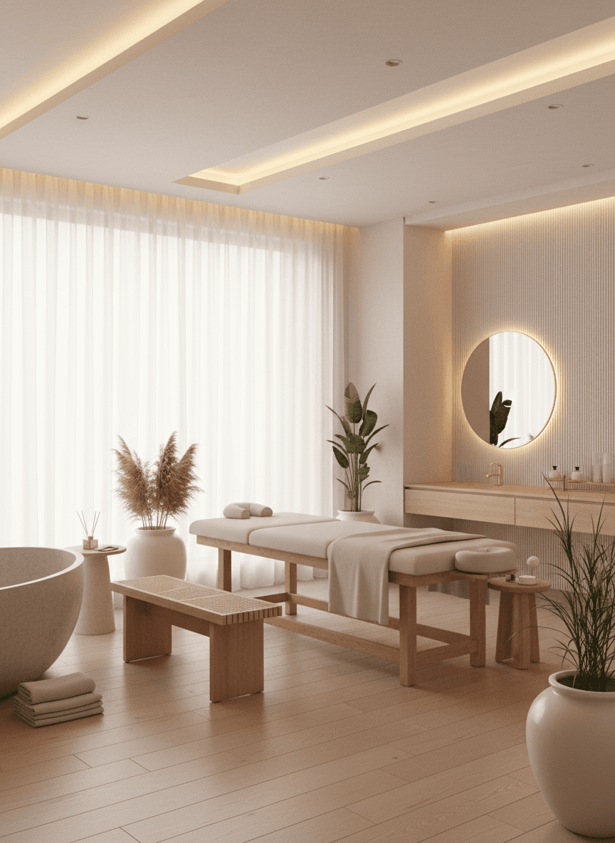 Firefly Gemini Flash Modern Spa Interior Design In White And Beige Tones Warm Lighting Light Wood Furnit 189713