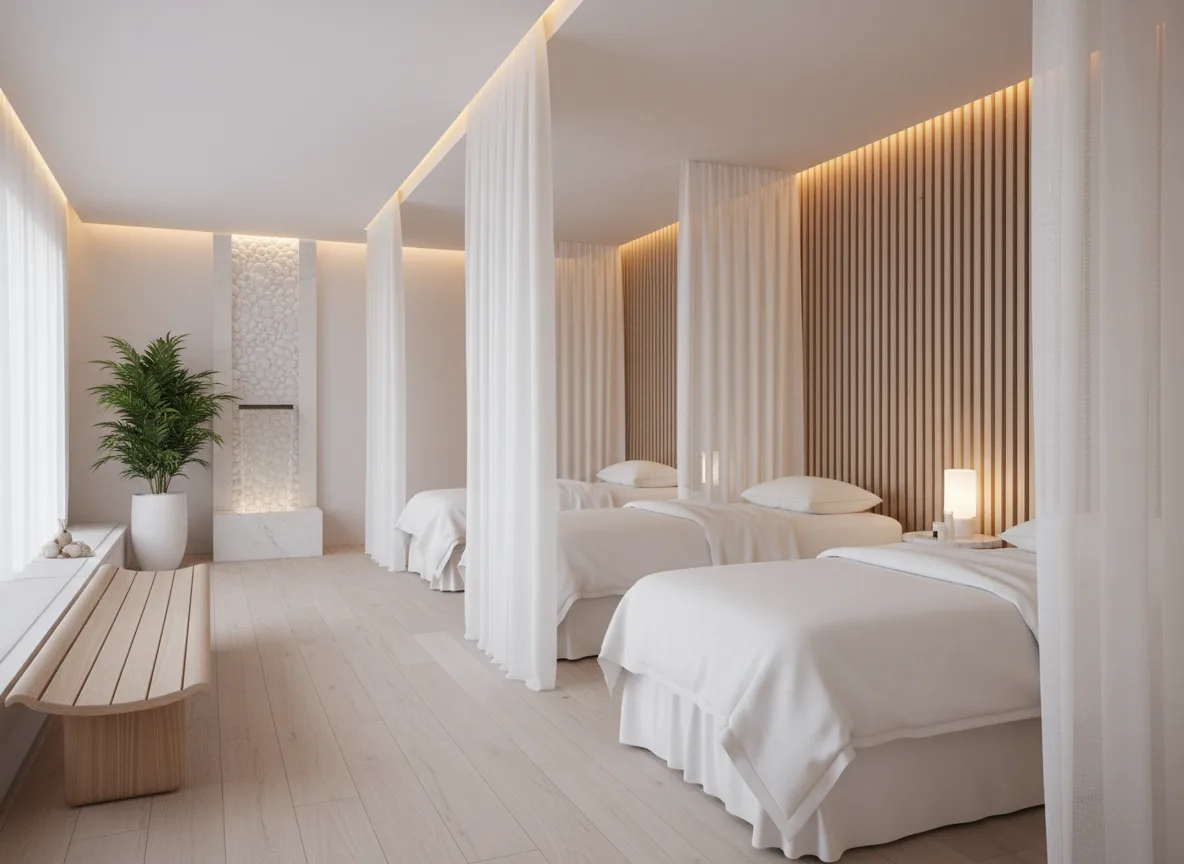 Firefly Gemini Flash Modern Spa Interior Design In White Tone With Natural Wood Accents Soft Lighting Re 231272 1