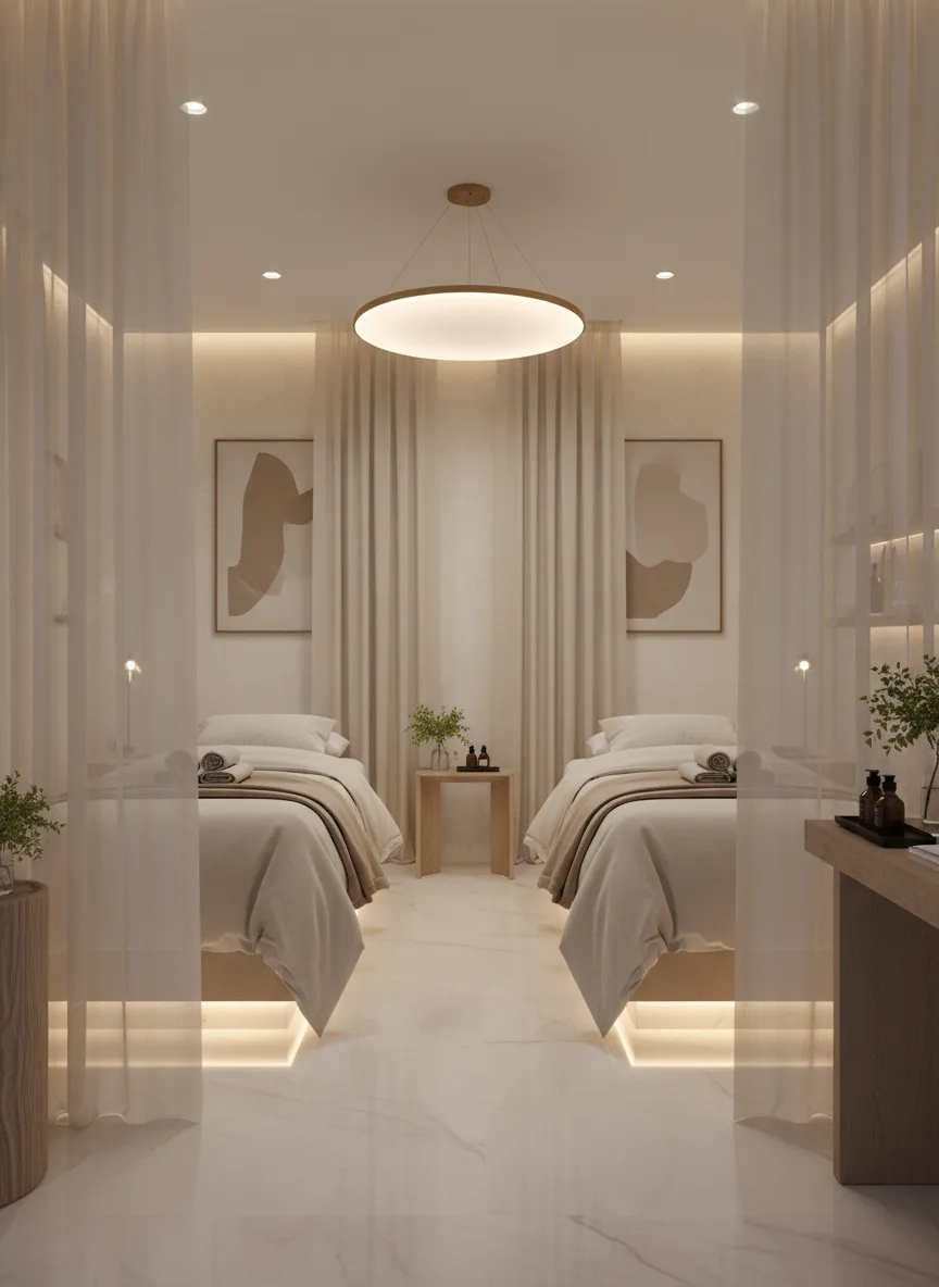 Firefly Gemini Flash Modern Spa Interior Design White Beige Tones Soft Lighting Treatment Beds Light C 349580