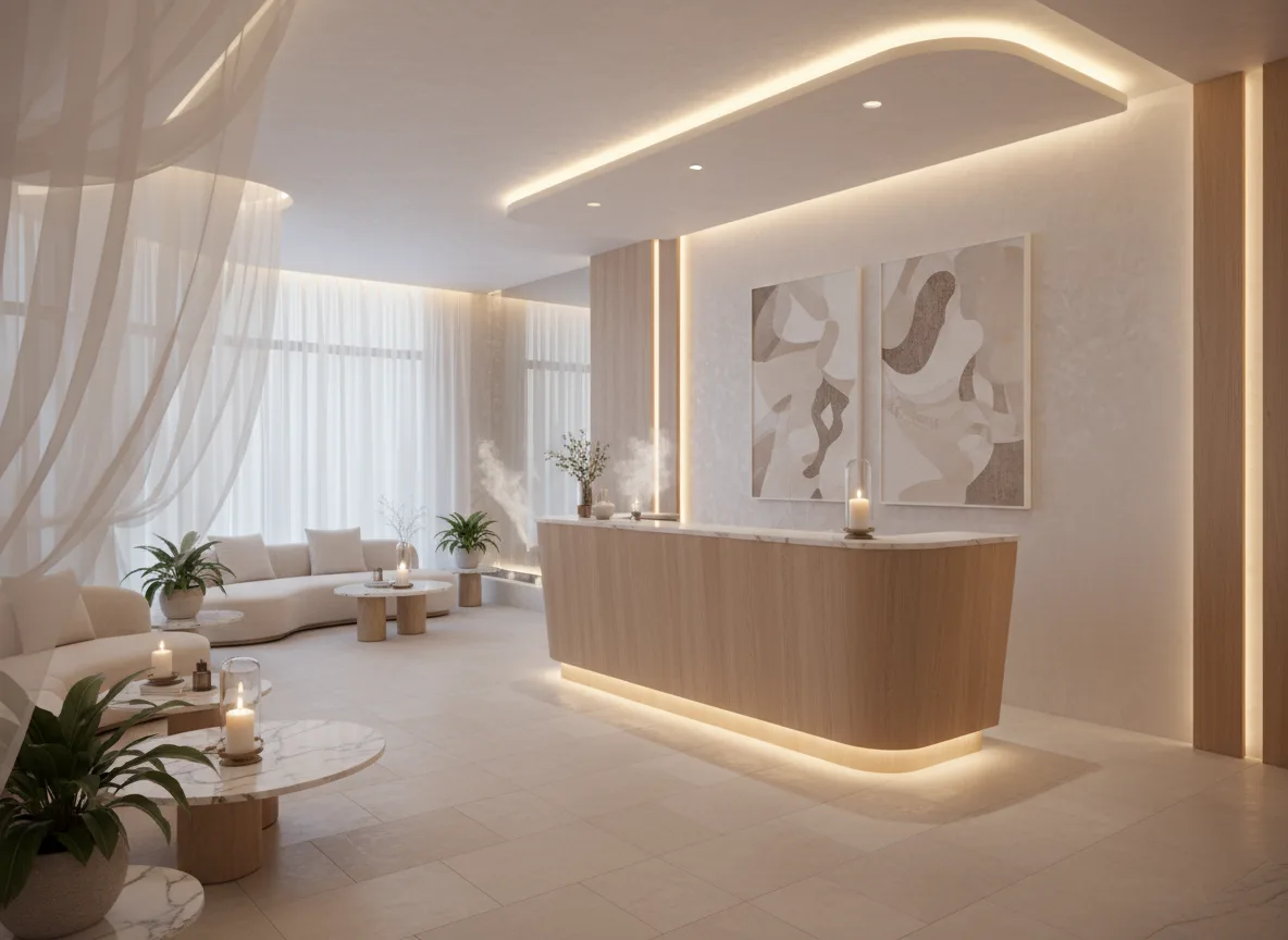 Firefly Gemini Flash Modern Spa Interior Design With Wooden Reception Counter White Beige Tone Warm Ligh 286159