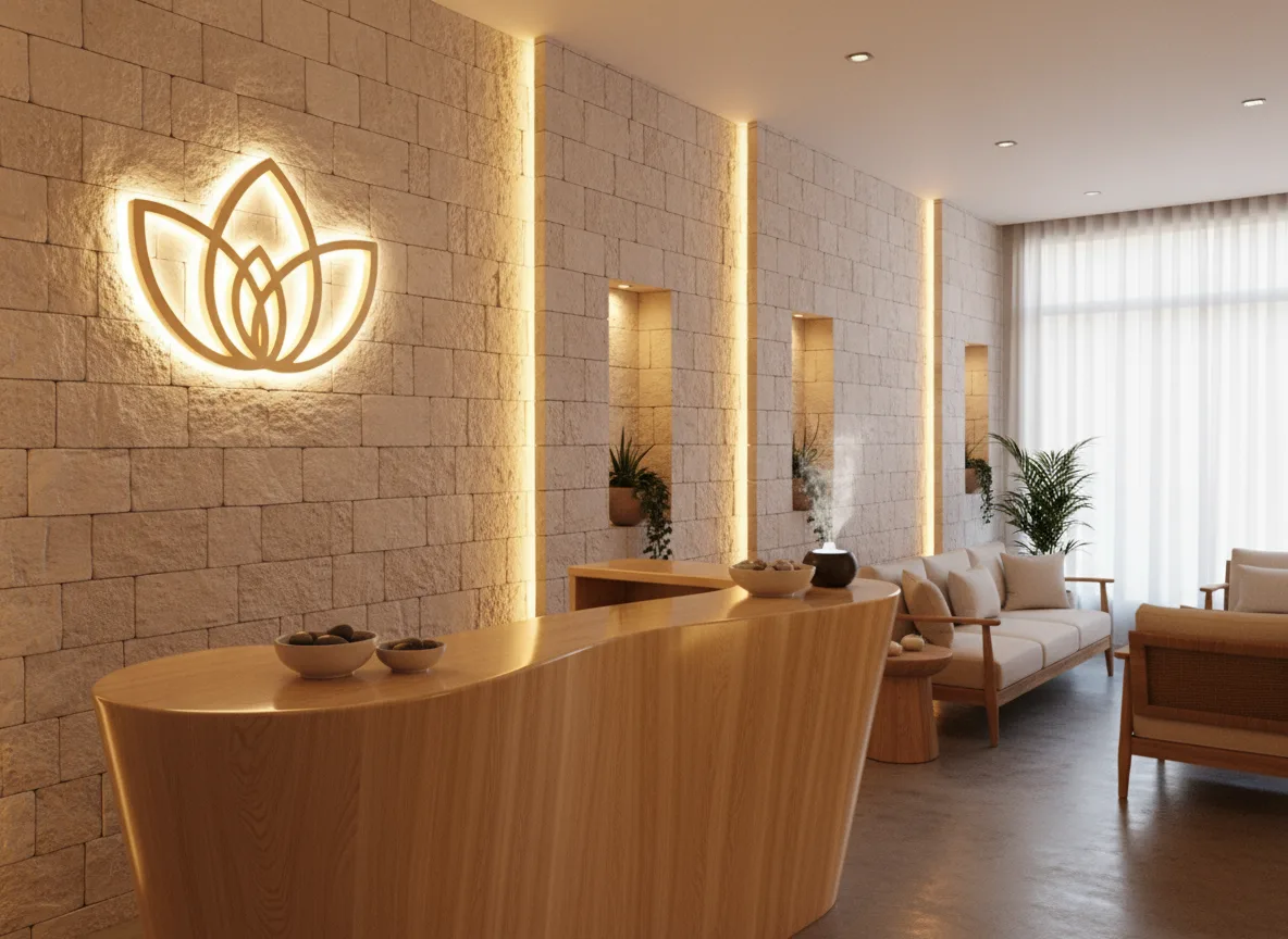 Firefly Gemini Flash Modern Spa Interior Featuring A Wooden Reception Counter Glowing Logo Bright Stone 816936