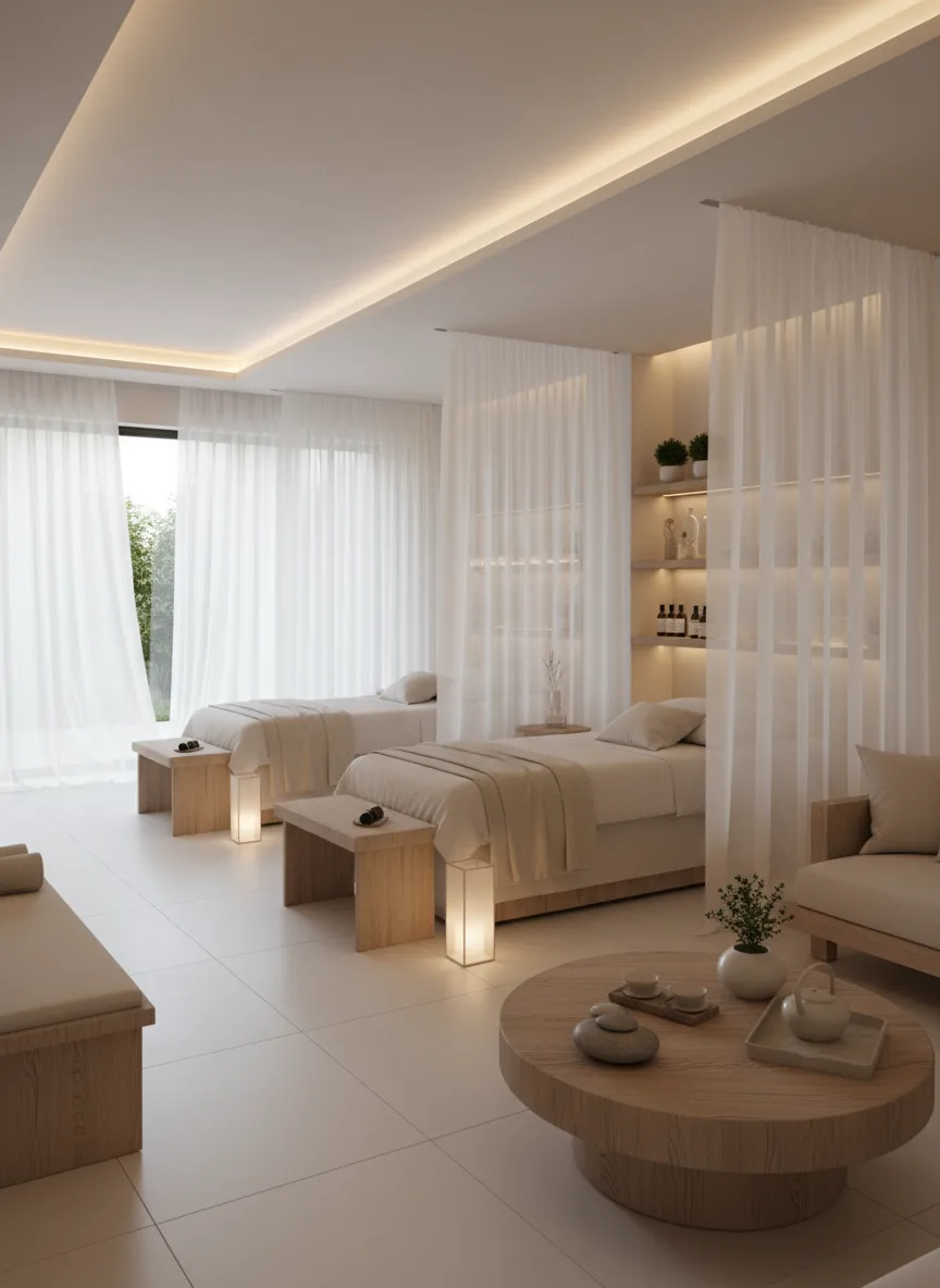 Firefly Gemini Flash Modern Spa Lighting Design White Beige Tones Warm Ambient Lighting Treatment Beds 189713