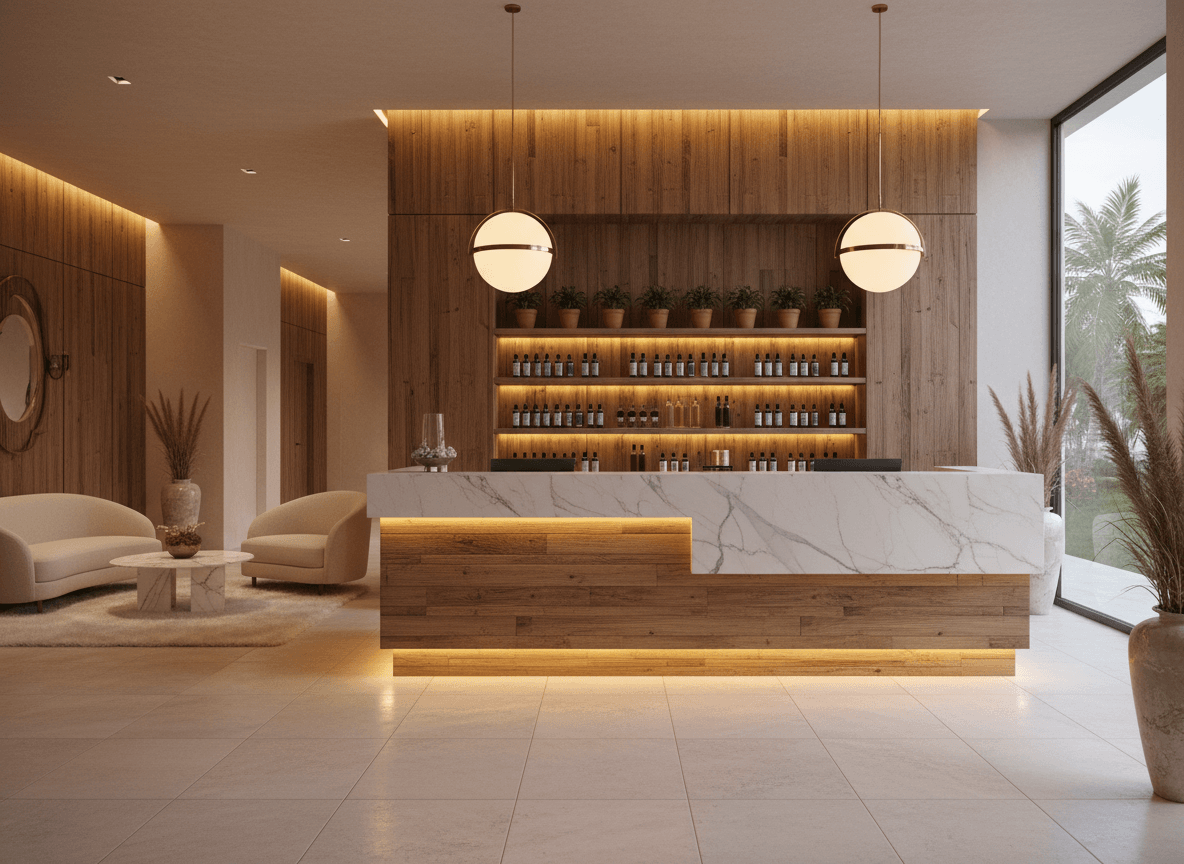 Firefly Gemini Flash Modern Spa Reception Counter Made Of Natural Wood And White Marble Warm Yellow Light 349580