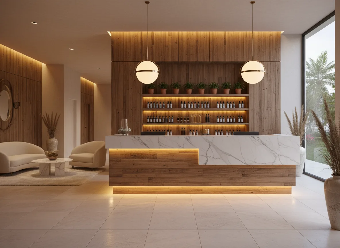 Firefly Gemini Flash Modern Spa Reception Counter Made Of Natural Wood And White Marble Warm Yellow Light 349580