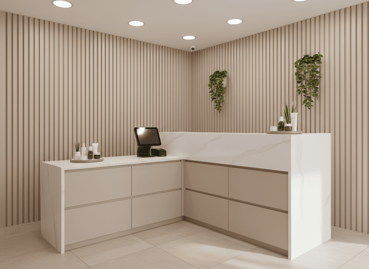 Firefly Gemini Flash Modern Spa Reception Desk White Beige Palette Compact L Shaped Spa Reception For A 286159