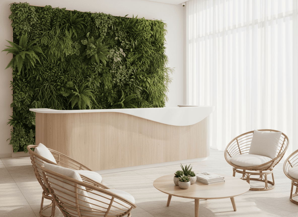 Firefly Gemini Flash Modern Spa Reception Desk White Beige Palette Organic Spa Reception Light Natural 286159