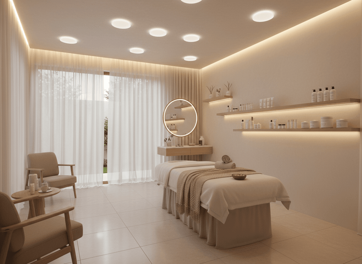 Firefly Gemini Flash Modern Spa Treatment Room In Beige White Tone With Recessed Led Lights Silk Curtains 286159