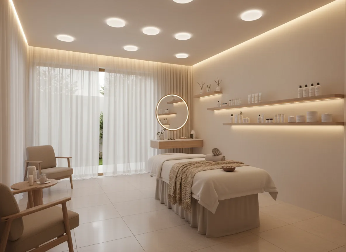 Firefly Gemini Flash Modern Spa Treatment Room In Beige White Tone With Recessed Led Lights Silk Curtains 286159