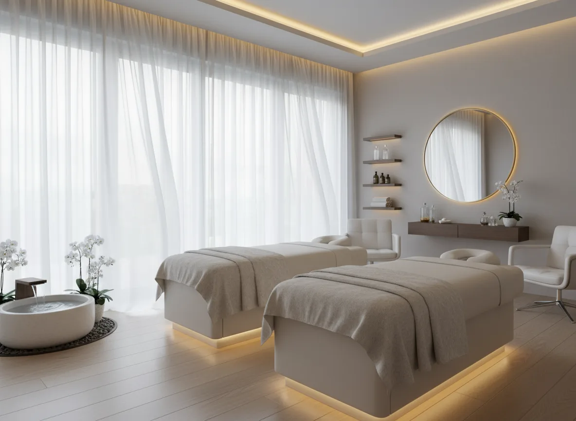 Firefly Gemini Flash Modern Spa Treatment Room With Leather Massage Beds Sheer White Curtains Soft Light 816936