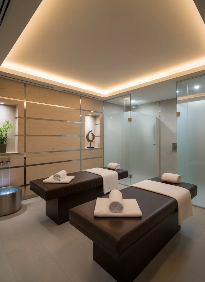 Firefly Gemini Flash Modern Spa Treatment Room With Leather Massage Beds Soft Ceiling Lights Wooden Wall 189713
