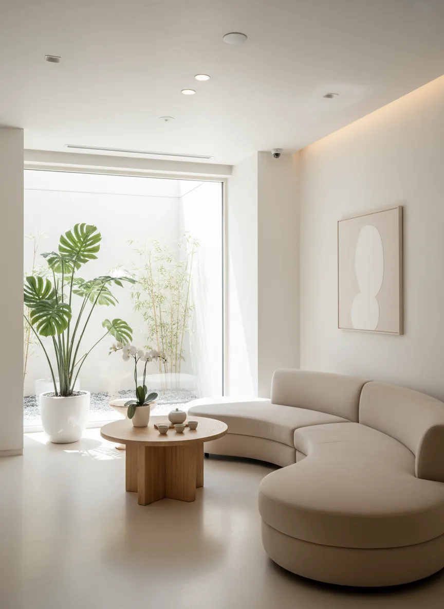 Firefly Gemini Flash Modern Spa Waiting Area In White Beige Tones Beige Sofa Wooden Tea Table Indoor G 189713