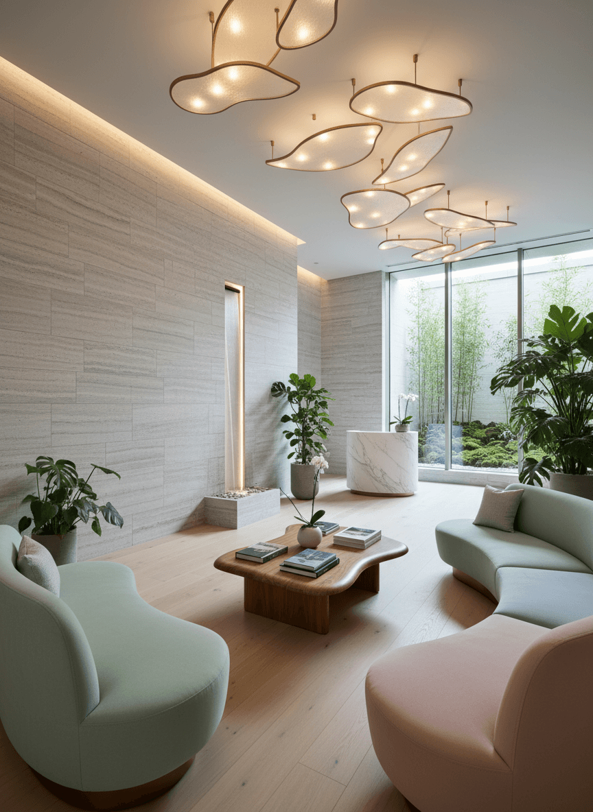 Firefly Gemini Flash Modern Spa Waiting Area With Pastel Sofas Wooden Coffee Table Artistic Ceiling Ligh 189713 Firefly Gemini Flash Modern Spa Waiting Area With Pastel Sofas Wooden Coffee Table Artistic Ceiling Ligh 189713