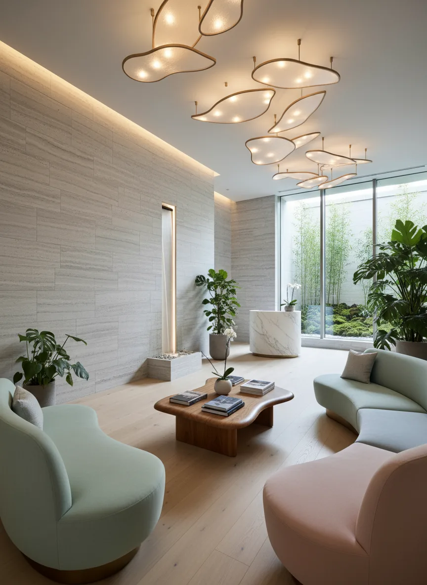 Firefly Gemini Flash Modern Spa Waiting Area With Pastel Sofas Wooden Coffee Table Artistic Ceiling Ligh 189713