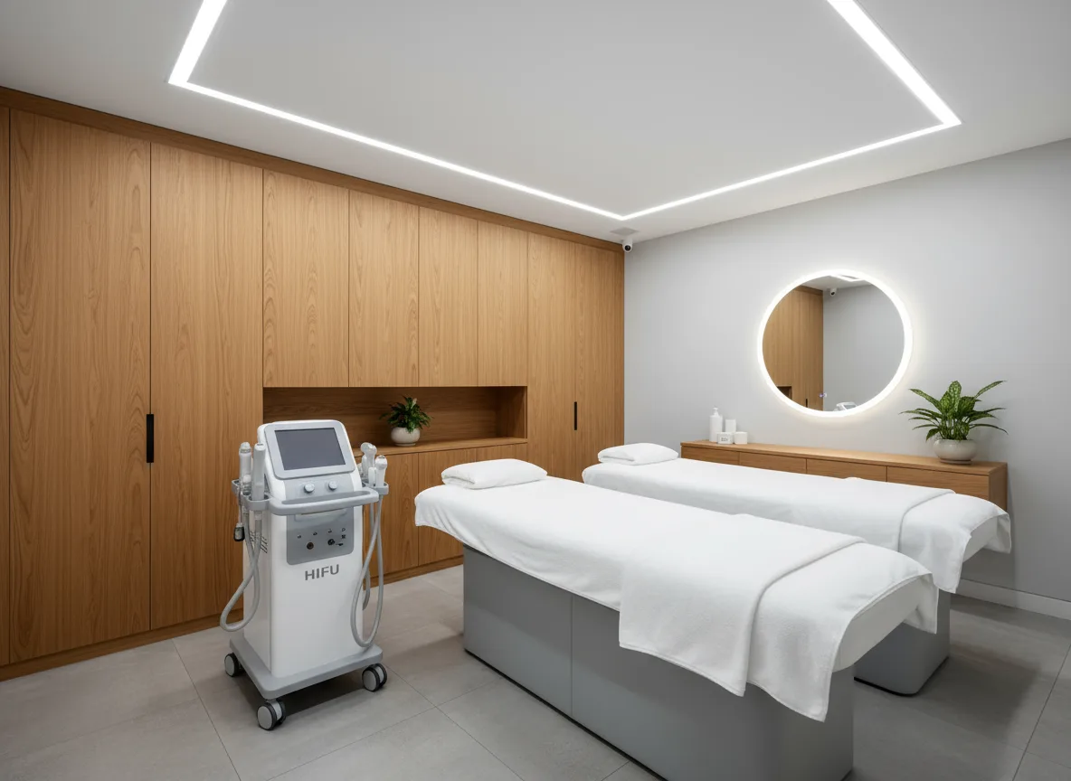 Firefly Gemini Flash Modern Style Spa Treatment Room With Hifu Machine Massage Beds Wooden Cabinets Whi 286159