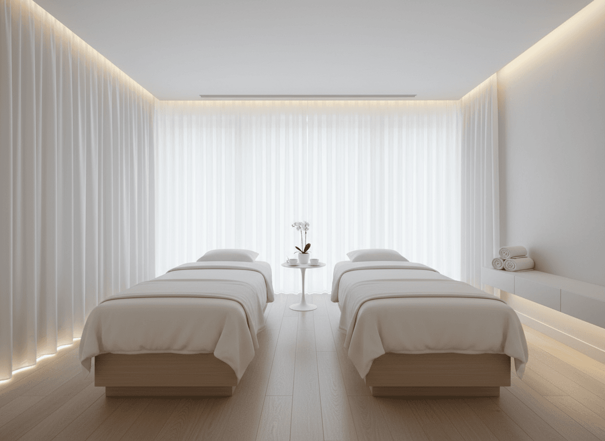 Firefly Gemini Flash Modern White Tone Spa Massage Room With Twin Massage Beds Sheer Curtains Soft Led L 195706 Firefly Gemini Flash Modern White Tone Spa Massage Room With Twin Massage Beds Sheer Curtains Soft Led L 195706