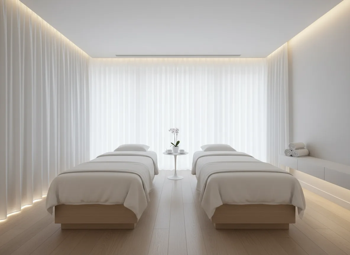 Firefly Gemini Flash Modern White Tone Spa Massage Room With Twin Massage Beds Sheer Curtains Soft Led L 195706