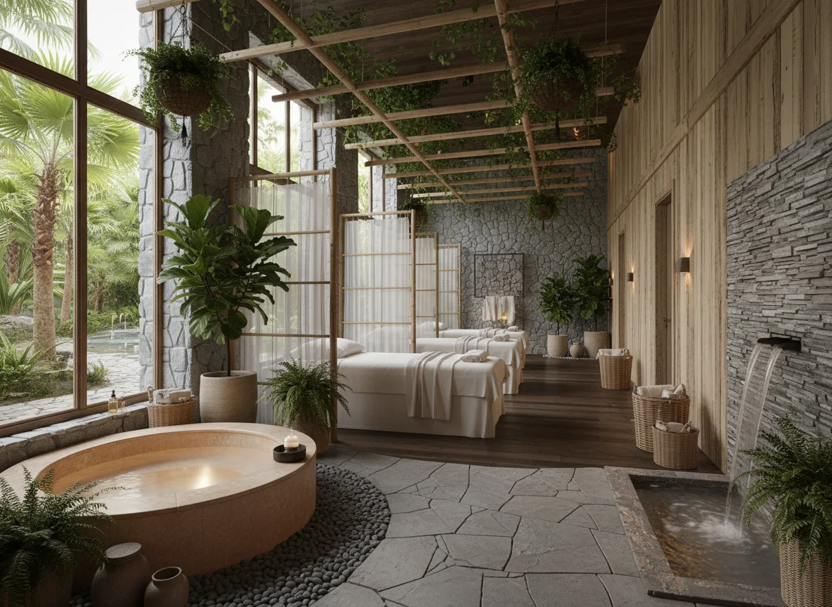 Firefly Gemini Flash Nature Inspired Spa Interior Design With Wood Stone Plants And Natural Lighting O 349580