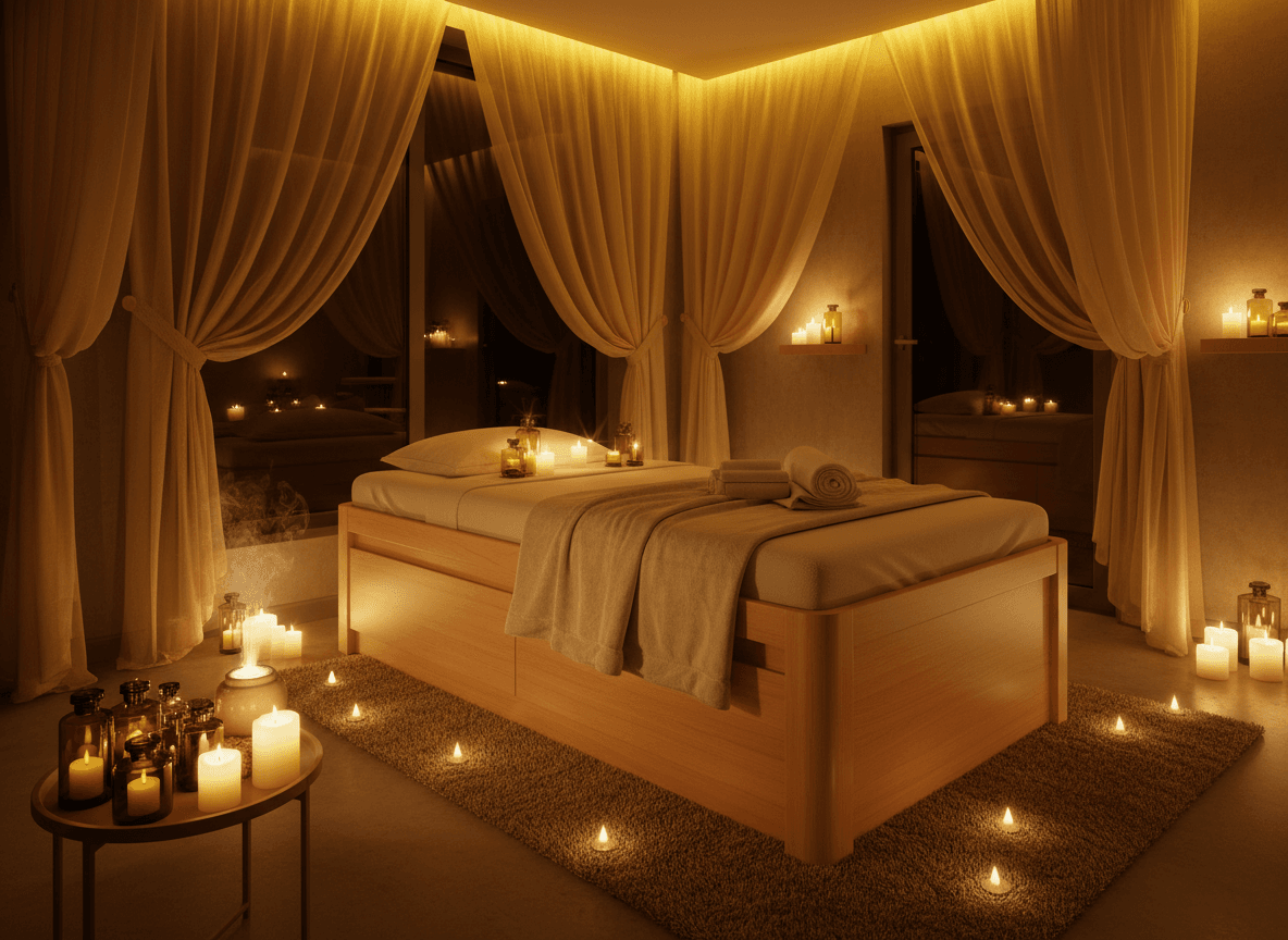Firefly Gemini Flash Nighttime Spa Massage Room With Warm Yellow Lighting Scented Candles Silk Curtains 195706
