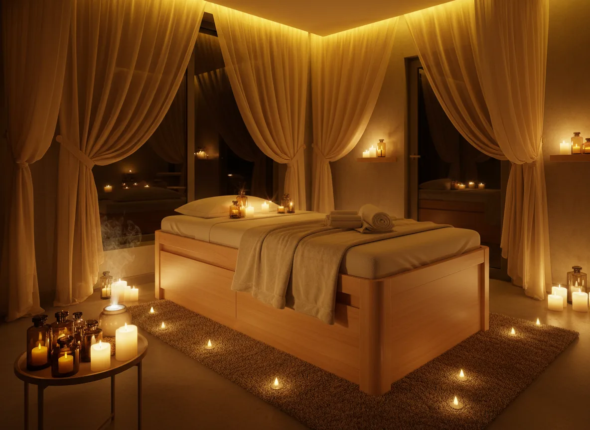 Firefly Gemini Flash Nighttime Spa Massage Room With Warm Yellow Lighting Scented Candles Silk Curtains 195706