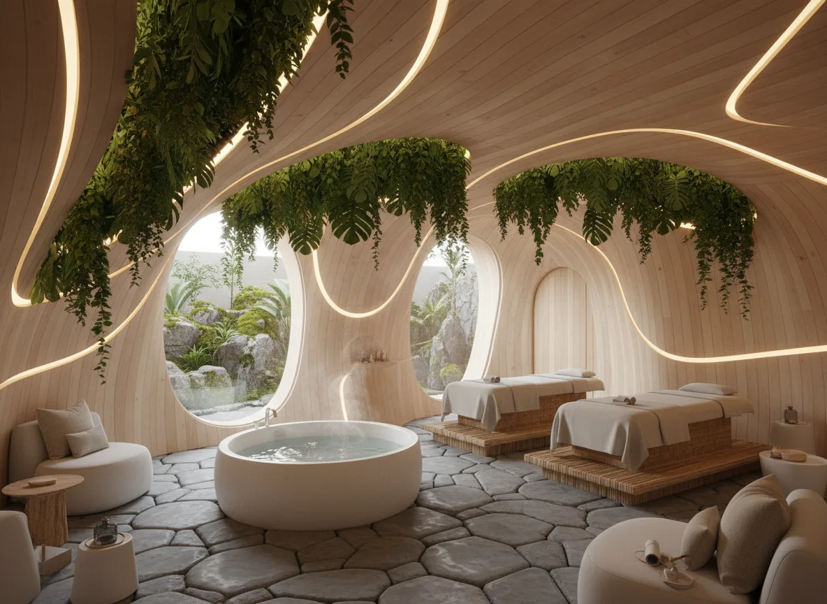 Organic-style small spa, natural wood, LED strip lighting, greenery decor, clean modern interior, high-quality realistic render.