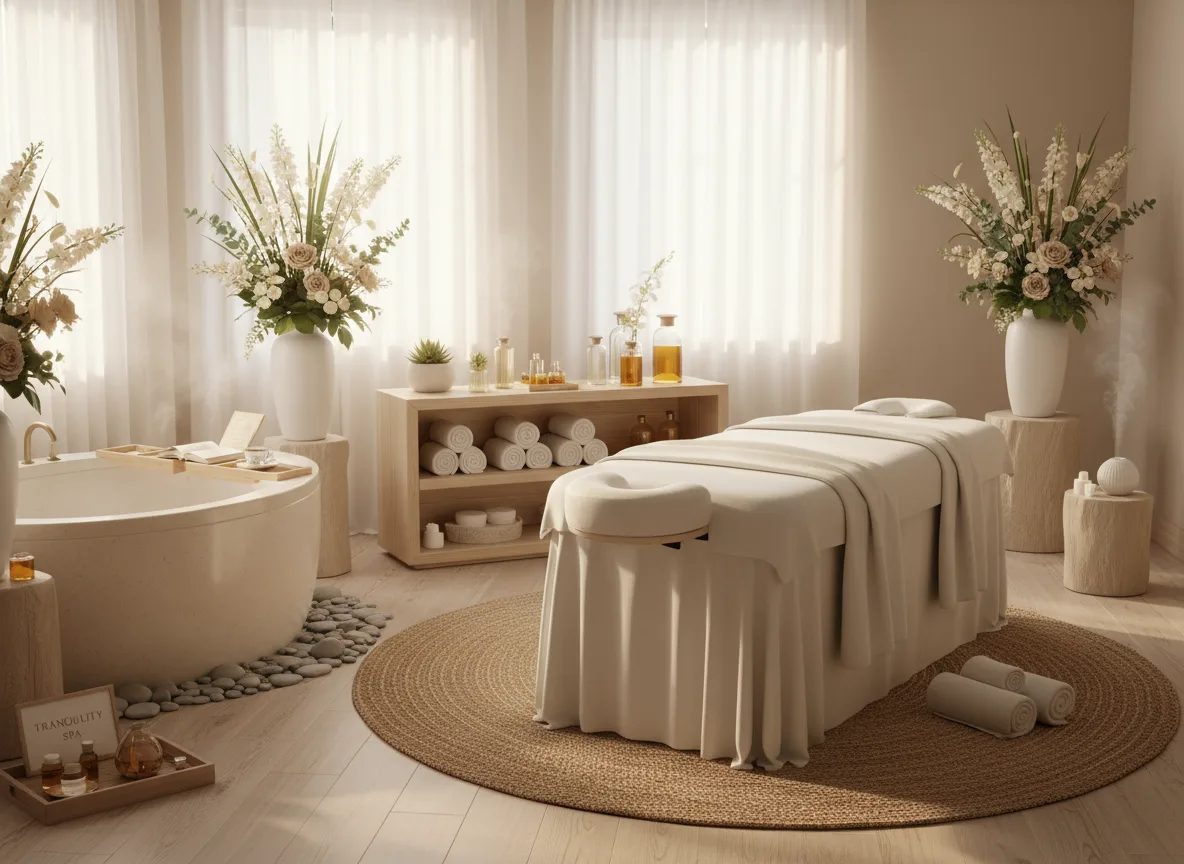 Firefly Gemini Flash Relaxing Spa Space In Bright Tones Combining Beige White And Light Wood Decorated 231272