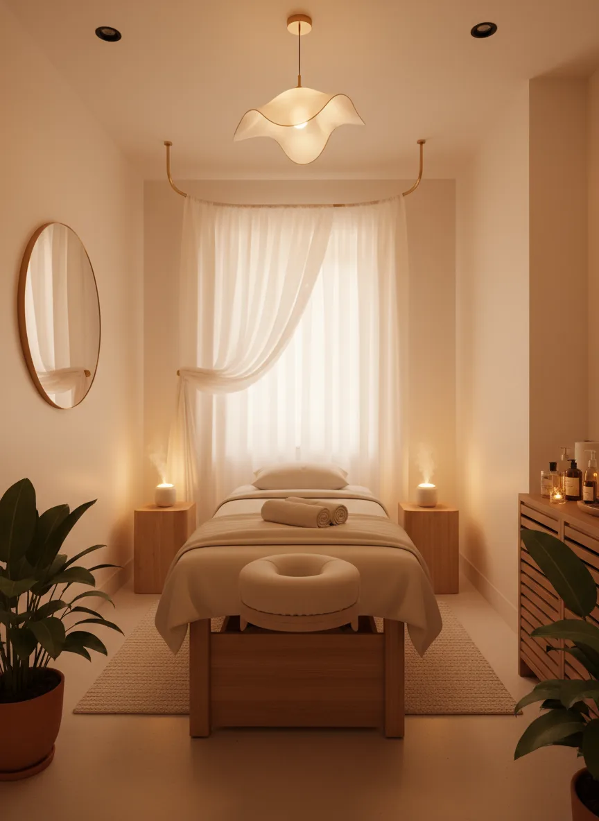 Firefly Gemini Flash Small Spa Design With One Treatment Room White Beige Tone Warm Lighting Wooden Mas 189713
