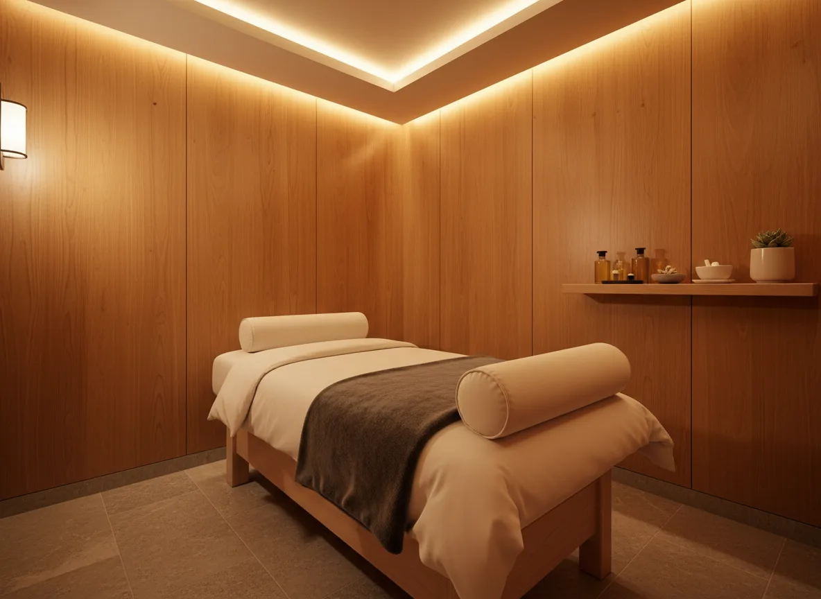 Firefly Gemini Flash Small Spa Treatment Room Single Massage Bed Wooden Walls Ambient Lighting Modern 816936