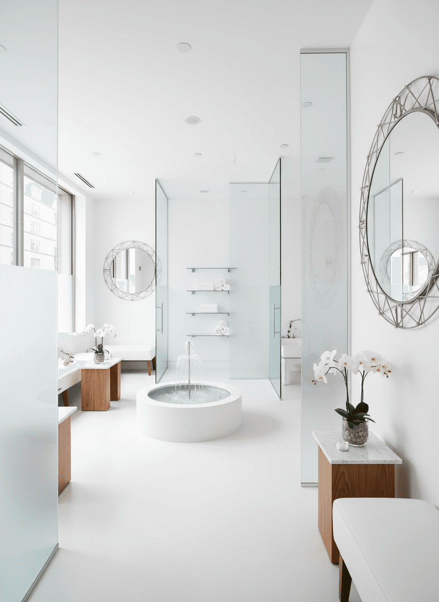 Firefly Gemini Flash Small Spa With Bright White Tones Light Glass Partitions Round Decorative Mirrors 349580