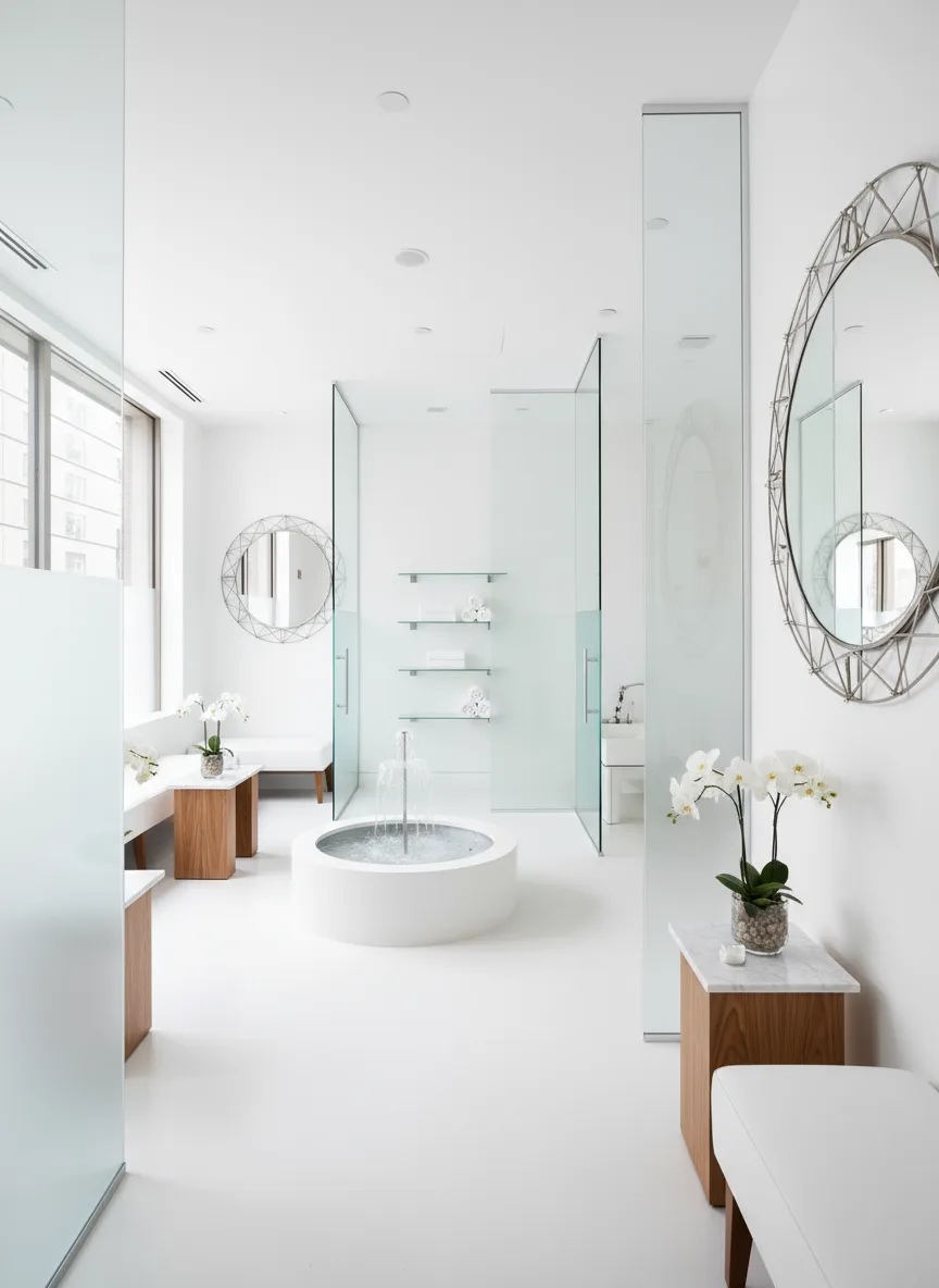 Firefly Gemini Flash Small Spa With Bright White Tones Light Glass Partitions Round Decorative Mirrors 349580