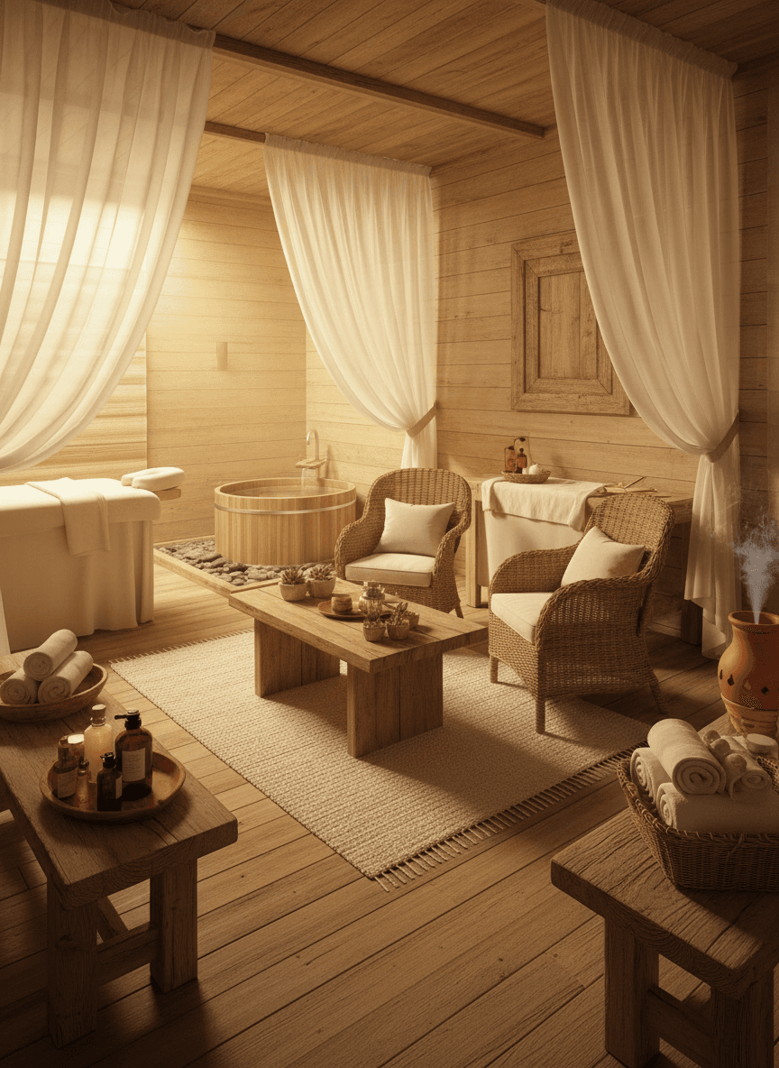 Firefly Gemini Flash Small Spa With Natural Wood Tone Soft Yellow Lighting Rustic Furniture And Gentle 189713