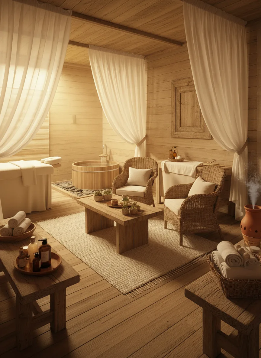 Firefly Gemini Flash Small Spa With Natural Wood Tone Soft Yellow Lighting Rustic Furniture And Gentle 189713