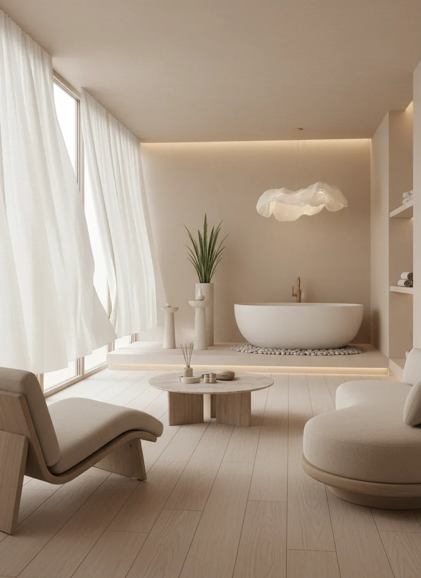 Firefly Gemini Flash Spa Design In Beige And White Tones Soft Lighting Wooden Flooring Sheer Curtains 189713