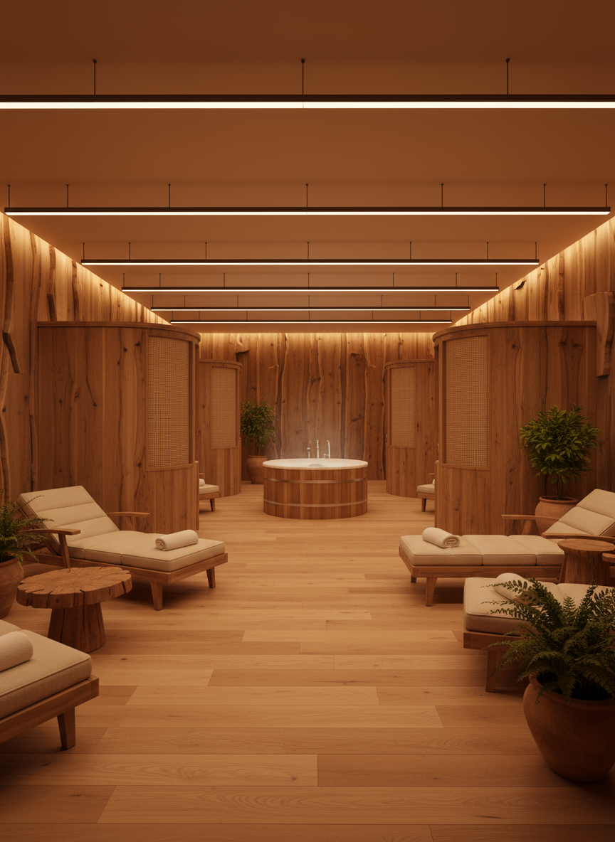 Firefly Gemini Flash Spa Featuring Natural Wood Materials Warm Ceiling Lighting Bright Wooden Floor Coz 349580